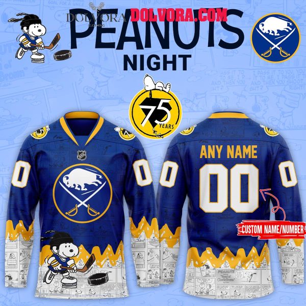 Buffalo Sabres Snoopy 75th Anniversary Of Peanuts Personalized Hockey Jersey