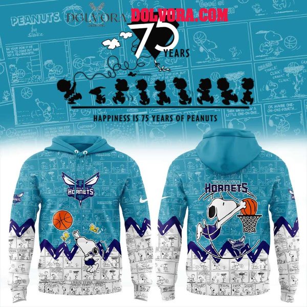 Charlotte Hornets Peanuts 75th Anniversary Snoopy Happiness 2025 Hoodie T-Shirt