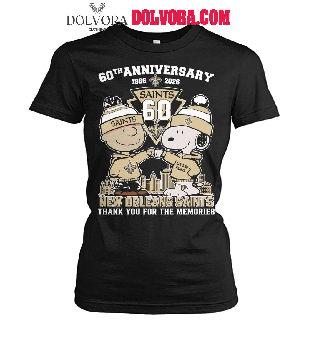 New Orleans Saints Peanuts 1966-2026 Thank You For 60 Years Of Memories T-Shirt New Orleans Saints Peanuts 1966-2026 Thank You For 60 Years Of Memories T-Shirt