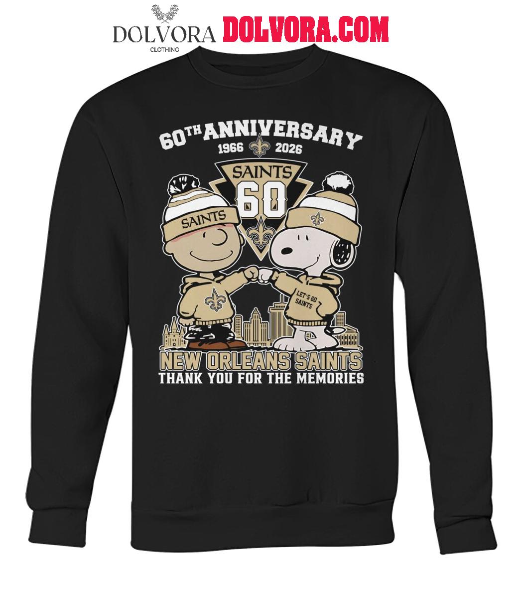 New Orleans Saints Peanuts 1966-2026 Thank You For 60 Years Of Memories T-Shirt New Orleans Saints Peanuts 1966-2026 Thank You For 60 Years Of Memories T-Shirt